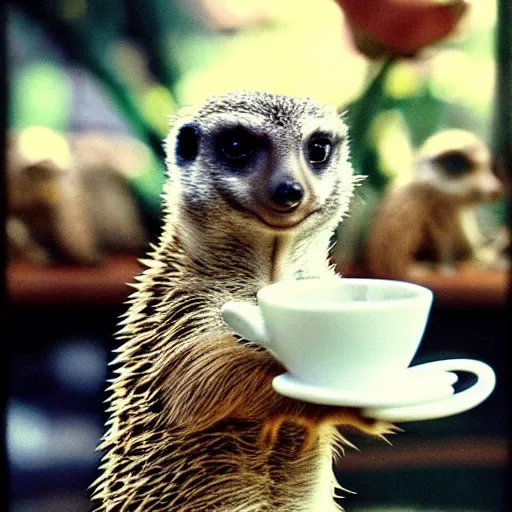 Prompt: meerkat with hedgehog drinking coffee, cinematic, kodachrome