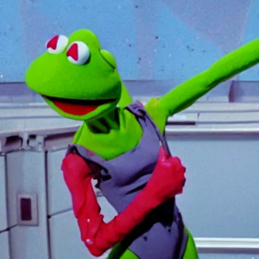 Image similar to Still from the anime movie End of Evangelion, Kermit the Frog from Sesame Street as a giant Rei Ayanami