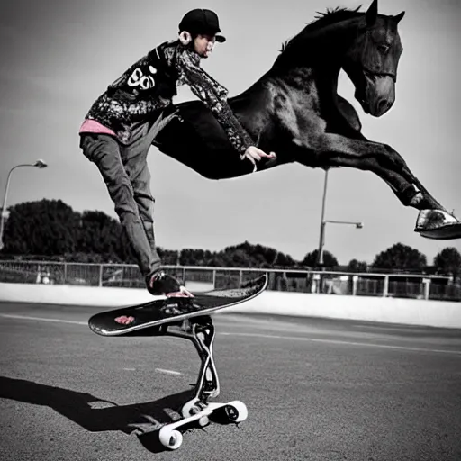 Image similar to a horse doing a kickflip on a skateboard while wearing sick 90's cool kid clothing