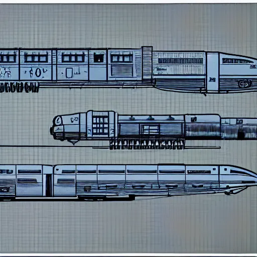 Prompt: blueprints for a nuclear powered train, high detail