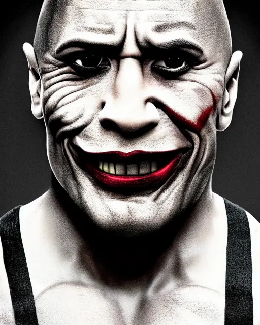 Image similar to Film still close-up shot of Dwayne The Rock Johnson as The Joker from the movie The Dark Knight. Photographic, photography