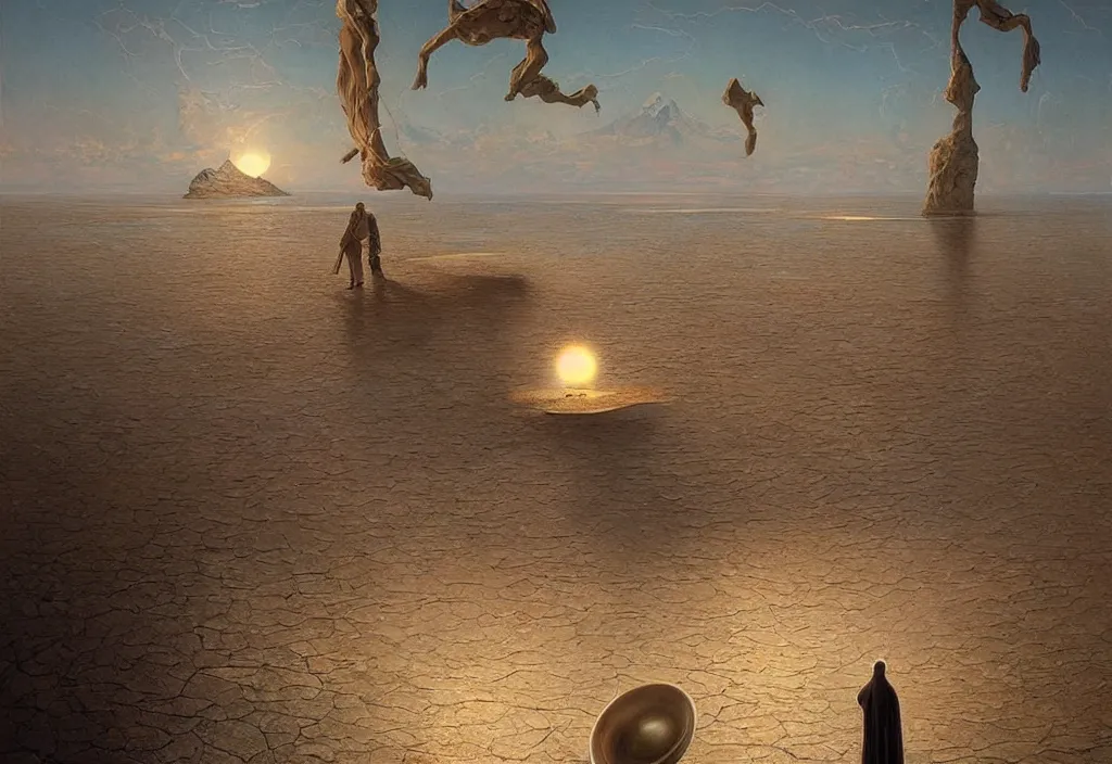 Prompt: thoughts of infinity, art by james gurney and greg rutkowski, surrealism by salvador dali, very detailed, high resolution, inspired by rene magritte, volumetric lighting