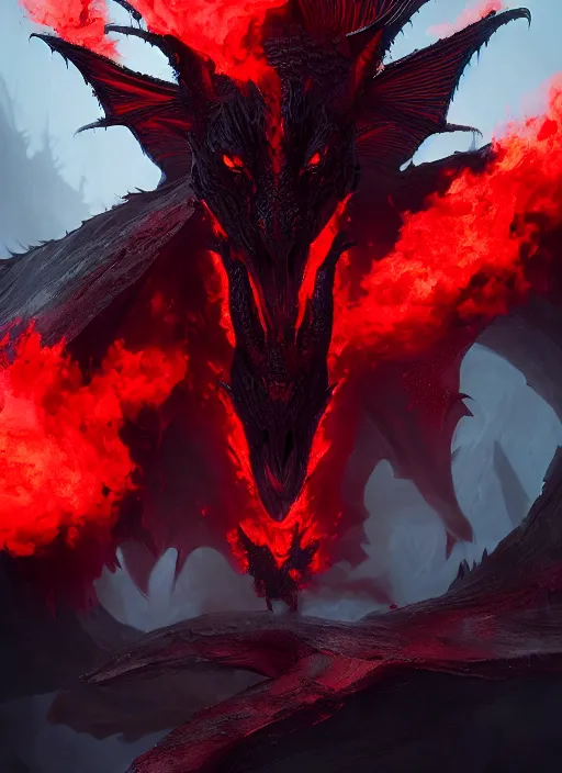 Image similar to black dragon with red demonic eyes on the red smoke background, chthonic, photorealistic, ultra detailed, trending on artstation, concept art, octane render, unreal engine, by shinji aramaki, by christopher balaskas, by krenz cushart