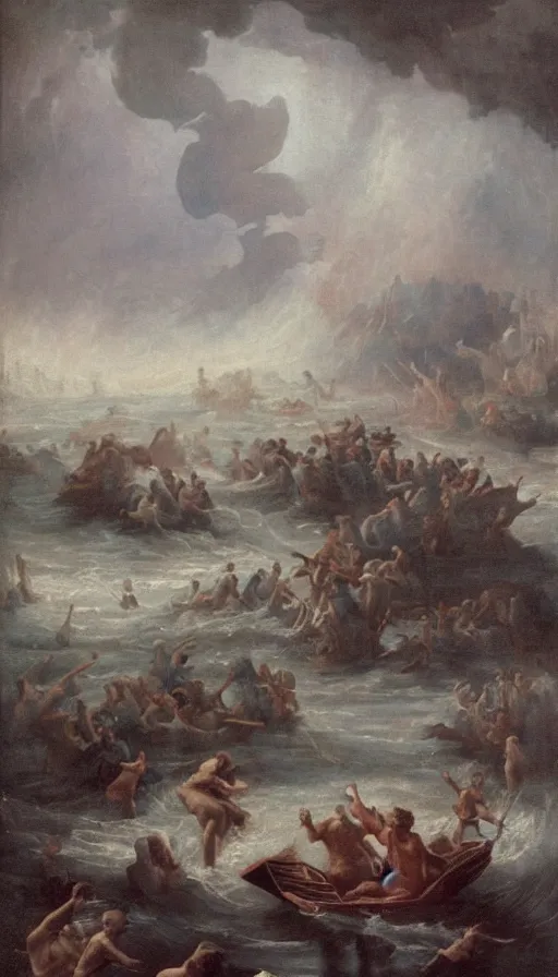 Image similar to man on boat crossing a body of water in hell with creatures in the water, sea of souls, by andre francois