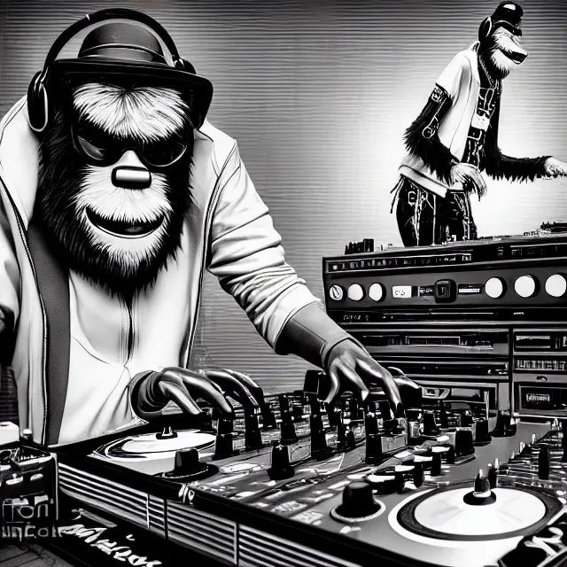 Image similar to a photograph portrait of an anthropomorphic cyberpunk bigfoot dj at the turntables spinning records, detailed render, tape deck, boombox, headphones, epic composition, cybernetics, 4 k realistic, cryengine, realistic shaded lighting, sharp focus, masterpiece, by matteo scalera, gary montalbano, peter elson in the style of the tokyo ghost comic