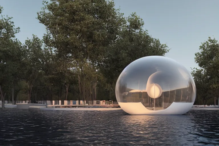 Image similar to a white soap bubble shaped building on the calm lake, human perspective, future, interior wood, marble, award winning, highly detailed 4 k art, dusk, unreal engine highly rendered, global illumination, radial light, internal environment by kazuyo sejima