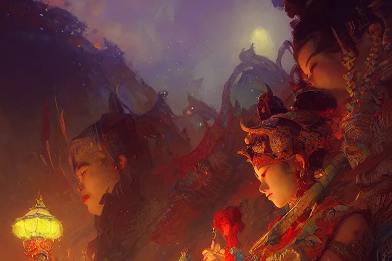 Prompt: netease ibaraki, night, brilliant colors and hard shadows and strong rim light, colorful, night sky, cool white color temperature, painting by gaston bussiere, craig mullins, j. c. leyendecker