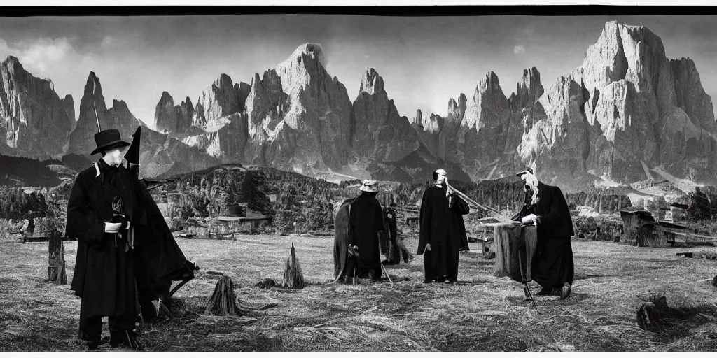 Image similar to 1920s photography of occult priests with hay coats and horn with dolomites in the background, occult signs, witch burning, solstice fire, alp, dolomites, alpine, detailed intricate insanely detailed octane render, 8k artistic 1920s photography, photorealistic, black and white, chiaroscuro, hd, by David Cronenberg, Raphael, Caravaggio