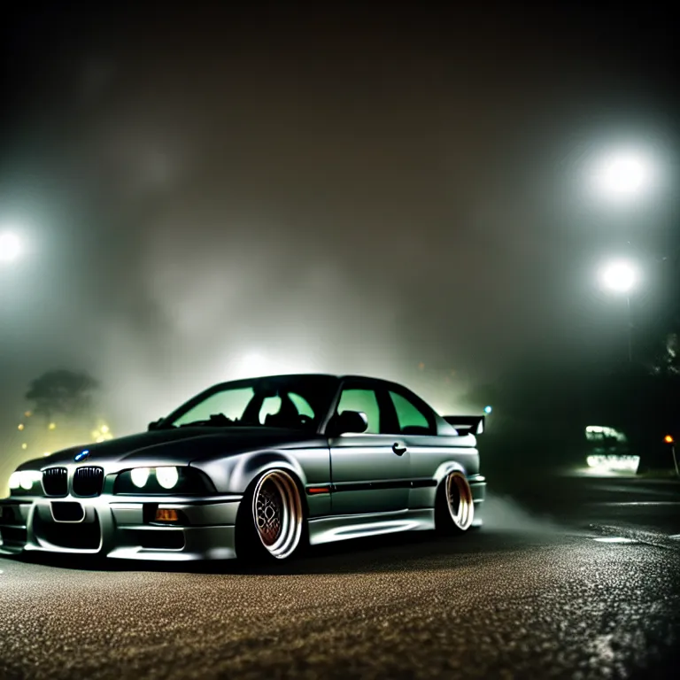 Image similar to close-up-photo BMW E36 turbo illegal meet, work-wheels, Gunma prefecture, misty at night, cinematic color, photorealistic, high detailed deep dish wheels, highly detailed, custom headlights, subtle neon underlighting