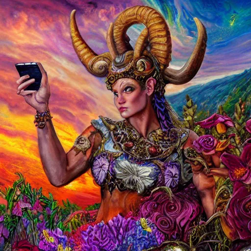 Image similar to painting by senior concept artist josephine wall horned ram goddess checking her cell phone erupting volcano and sunset in distance in background flowers in foreground zodiac fantasy acrylic on canvas intricately detailed highly detailed high resolution hdr 8 k trending on artstation