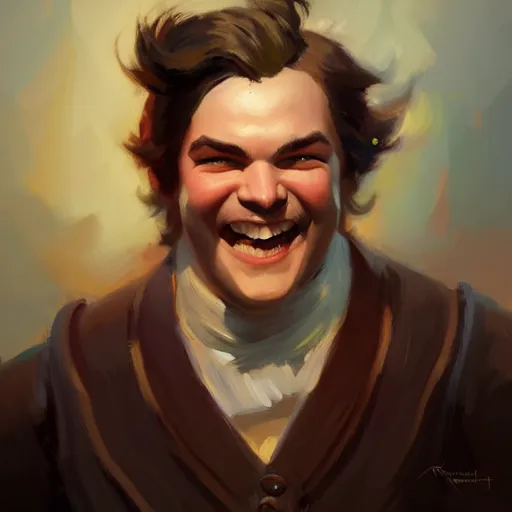 Image similar to portrait painting of a jack black age 2 5, bright and energetic, with a sweet smile and coiffed hair, render cinematic lighting art 1 9 2 0 period drama by bussiere rutkowski andreas rocha