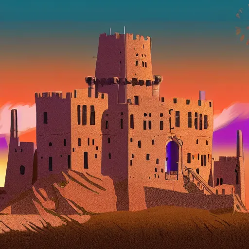 Prompt: an elaborate old ramshackle castle built on top of a desert mesa at sunset, orange and purple coloring, digital art