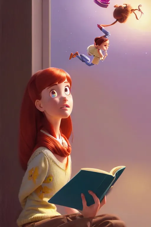 Image similar to highly detailed portrait of beautiful girl reading a book in toy story 3, detailed hands, dynamic pose, stephen bliss, unreal engine, fantasy art by greg rutkowski, loish, rhads, ferdinand knab, makoto shinkai and lois van baarle, ilya kuvshinov, rossdraws, tom bagshaw, global illumination, radiant light, detailed and intricate environment