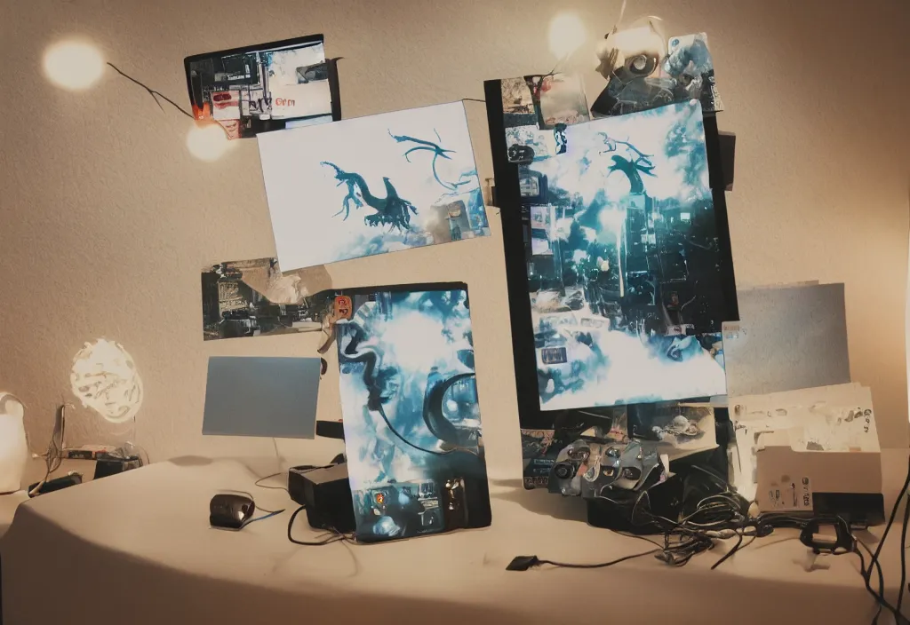 Image similar to dragon popping out of screens, volumetric lighting, bedroom, visor, users, pair of keycards on table, bokeh, creterion collection, shot on 7 0 mm, instax