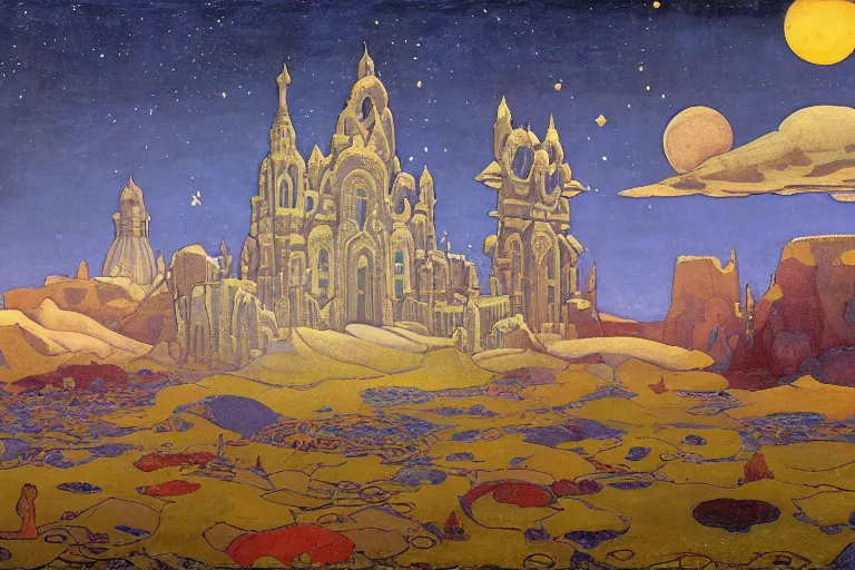 Prompt: the holy tower of the moon and stars and its surrounding gardens, dramatic cinematic lighting, ornate folk-art carved architecture, rich colors, by Nicholas Roerich and William Dyce and ford madox brown and April Gornik and Caspar David Friedrich and Diego Rivera and Tyler Edlin and Ivan Bilibin, featured on artstation