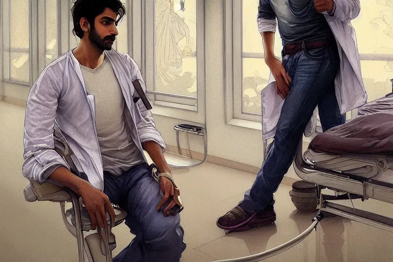 Image similar to Anxious good looking pale young Indian doctors wearing jeans inside a hospital, portrait, elegant, intricate, digital painting, artstation, concept art, smooth, sharp focus, illustration, art by artgerm and greg rutkowski and alphonse mucha