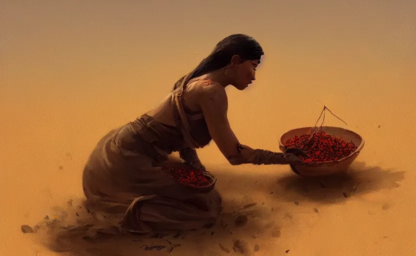 Prompt: A painting of a women harvesting spice in a desert trending on artstation in the style of Greg Rutkowski