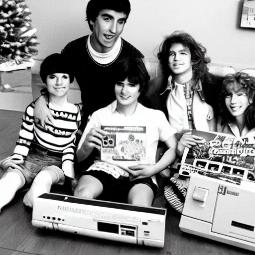 Prompt: christmas morning photo 1 9 8 6 of a typical 1 9 8 0 ’ s teenager after opening their new nintendo game system