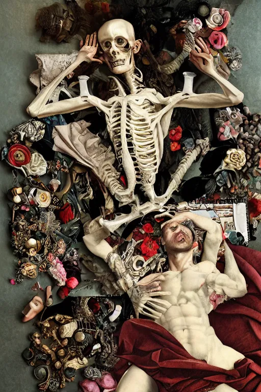 Image similar to Detailed maximalist portrait a man lying on bed with a the boogie man hovering over him. large lips and with large white eyes, exasperated expression, botany bones, HD mixed media, 3D collage, highly detailed and intricate, surreal illustration in the style of Caravaggio, dark art, baroque