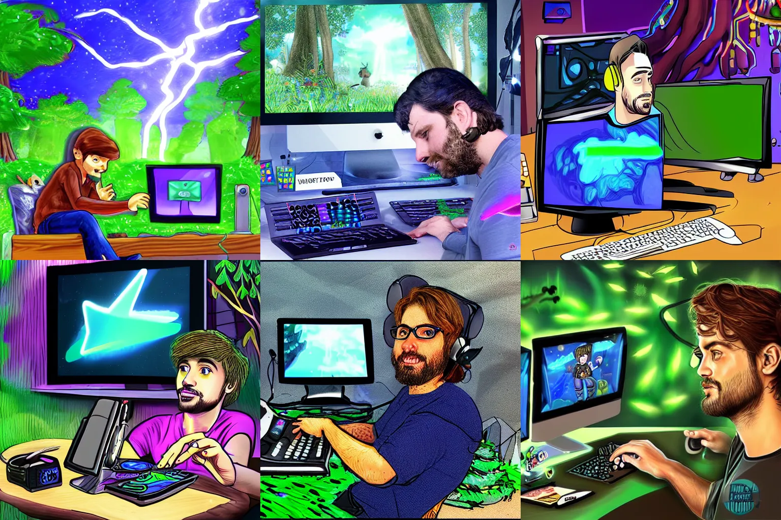 Prompt: a professional digital art of vinny vinesauce streaming and playing computer games from an enchanted forest, sharp lightning, very detailed, very very very realistic digital art