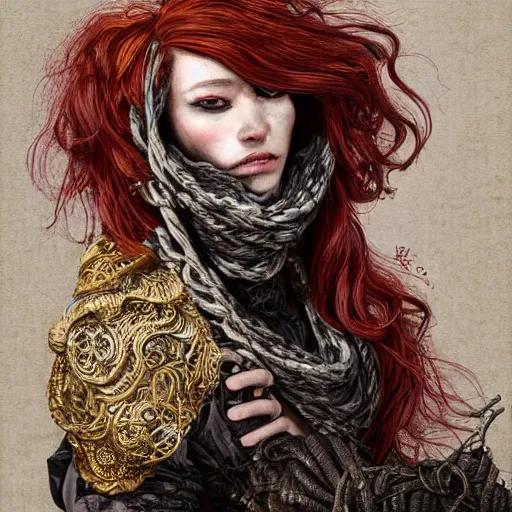 Image similar to portrait of a Shibari rope wrapped face and neck, headshot, insanely nice professional hair style, dramatic hair color, digital painting, of a old 15th century, old cyborg merchant, amber jewels, baroque, ornate clothing, scifi, realistic, hyperdetailed, chiaroscuro, concept art, art by Franz Hals and Jon Foster and Ayami Kojima and Amano and Karol Bak,