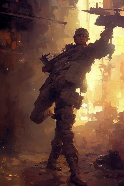 Image similar to futuristic soldier, holding a gun that is a subway sandwich, painting by gaston bussiere, craig mullins, greg rutkowski, yoji shinkawa
