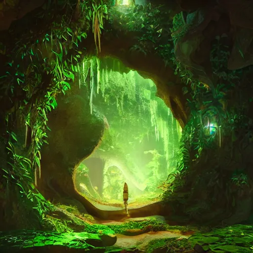 Image similar to looking into lush cave entrance with glowing emeralds and vines hanging from the ceiling, mythical ambience, sharp focus, cinematic light, cgsociety, highly detailed