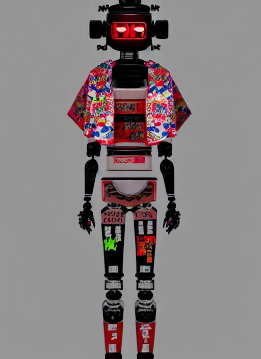 Image similar to full body photo of a punk geisha robot with kanji tattoos and decals wearing a digital pixelated kimono, intricate design, photo - realistic, octane render, ultra fine detailed, character design, trending on artstation