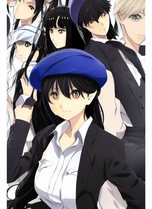 Image similar to key anime visual of a beautiful girl wearing a beige beret and blue shirt; long black hair; anime; drawn by Shigenori Soejima; 3 tone colors