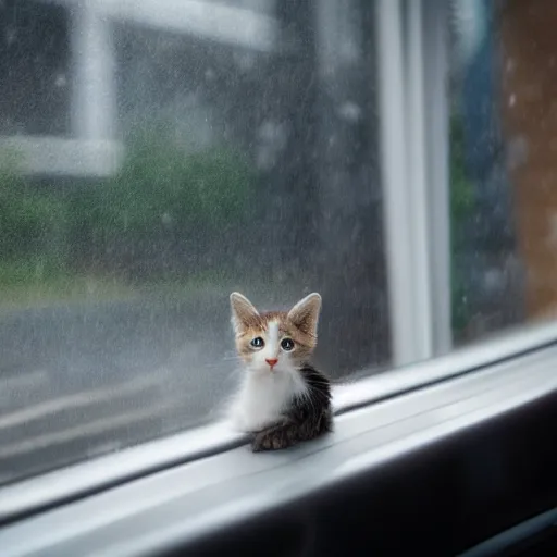 Prompt: a beautiful kitten looking outside the bus window on a rainy day, pondering the meaning of life, award winning photography unrealengine