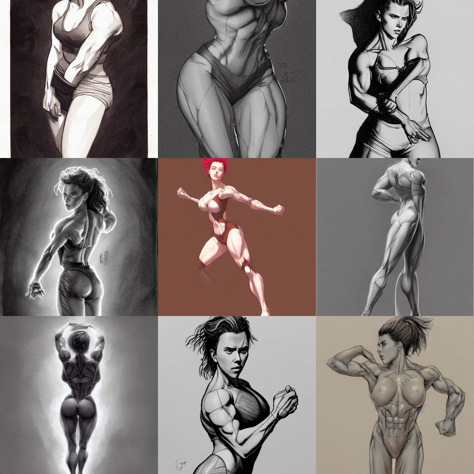 Prompt: most strongest pose, scarlett johansson as baki with perfect symmetrical anatomical proportions by greg rutkowski, pencil and ink, dramatic lighting, full body profile pose