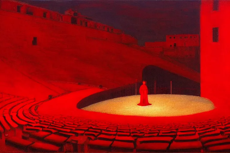 Image similar to only with red, a red great emperor, taormina amphitheatre, expressive crowd with big smile, in the style of beksinski, parts by edward hopper, parts by rodcenko, parts by yue minjun, intricate and epic composition, red by caravaggio, insanely quality, highly detailed, masterpiece, red light, artstation, 4 k