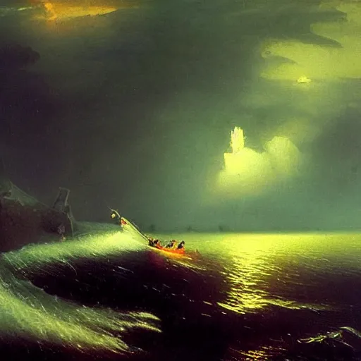 Image similar to Walrus jumping out of the ocean backwards wielding a flamethrower, volumetric lighting, RTX, neon lights, painting by Ivan Aivazovsky