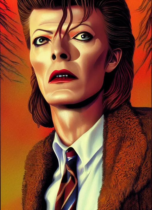 Image similar to twin peaks poster art, portrait of david bowie cursed himself in order to find the secrets of the black lodge, by michael whelan, rossetti bouguereau, artgerm, retro, nostalgic, old fashioned