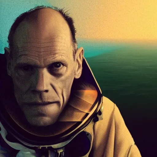 Prompt: a portrait of a interstellar hitchhiker john malkovich on a brilliant marble - sanded beaches of santraginus, inhaling the heady sea vapors, hyperrealistic, artstation, cinematic light, lars von trier