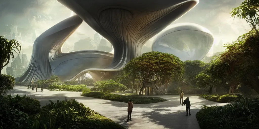 Image similar to garden of eden, by tim blandin and arthur haas and bruce pennington and john schoenherr, big windows architecture by zaha hadid, octane render, warm colour scheme, white, cinematic, scenery, cgsociety, modernism, futuristic, trending on artstation, sci - fi, high detail, high quality, close up angle, people walking