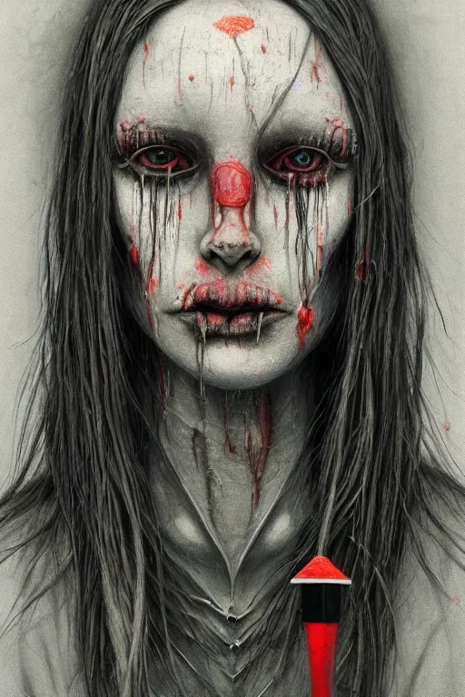 Image similar to crayon cartoon grunge portrait of a creepy horror nurse girl . intricate artwork. nightmare fuel. terrifying. by zdzisław Beksiński, wlop, dan mumford , trending on artstation, greg rutkowski very coherent symmetrical artwork. cinematic, hyper realism, high detail, octane render, 8k