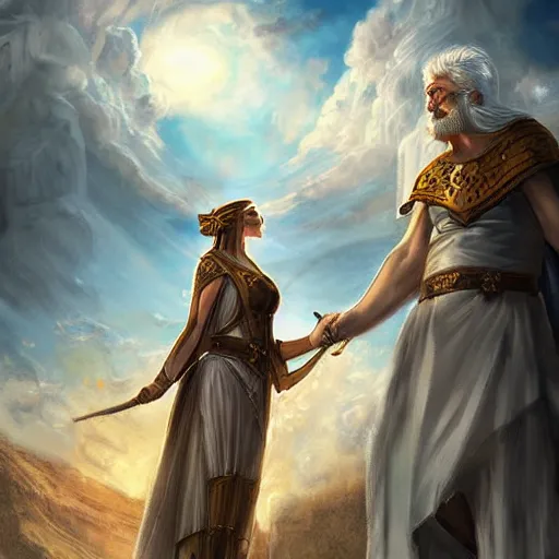 Image similar to young ancient greek woman in golden helmet, giant grey-haired bearded male face in the sky, epic fantasy style art, fantasy epic digital art