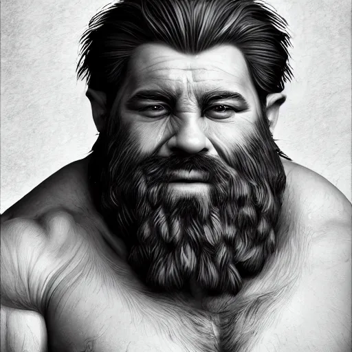 Image similar to photorealistic portrait of a dwarf with a large beard, muscular build, tough, highly detailed trending on artstation, photo, medieval, big muscles, fantasy, intricate details, dramatic, cinematic