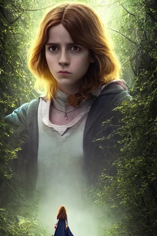 Prompt: Hermione, magical, forest, evening, Harry Potter, Wizard, Witch, yellow mist, symmetrical face, large eyes, hyper realistic, digital art, octane render, trending on artstation, artstationHD, artstationHQ, unreal engine, 4k, 8k