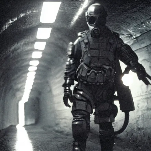 Image similar to a heavily armored man wearing a gasmask, walking through dark tunnel, holding glowing lantern, film still, arriflex 3 5