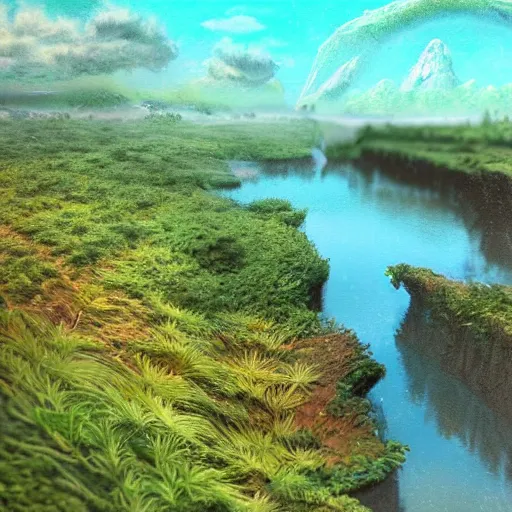 Prompt: artistic digital artwork of a lush natural scene on an alien planet. beautiful landscape by lurid ( 2 0 2 2 ). weird vegetation. cliffs and water. grainy and rough. interesting pastel colour palette. beautiful light. oil and water colour based on high quality render.