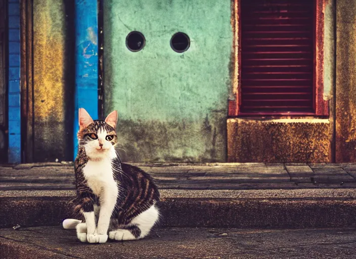 Image similar to photography of a Cat sitting on a box. in a cyberpunk street, award winning photo, saturated, colored, colors, 100mm, sharp, high res