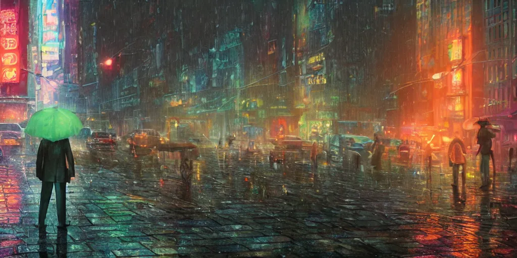 Image similar to a film still trough a raincovered window on a rainy but colourful day in new york. sparkling lights, wide shot, frog perspective, wes anderson, studio ghibli, pixar and disney animation, sharp, rendered in unreal engine 5, anime key art by greg rutkowski, bloom, dramatic lighting