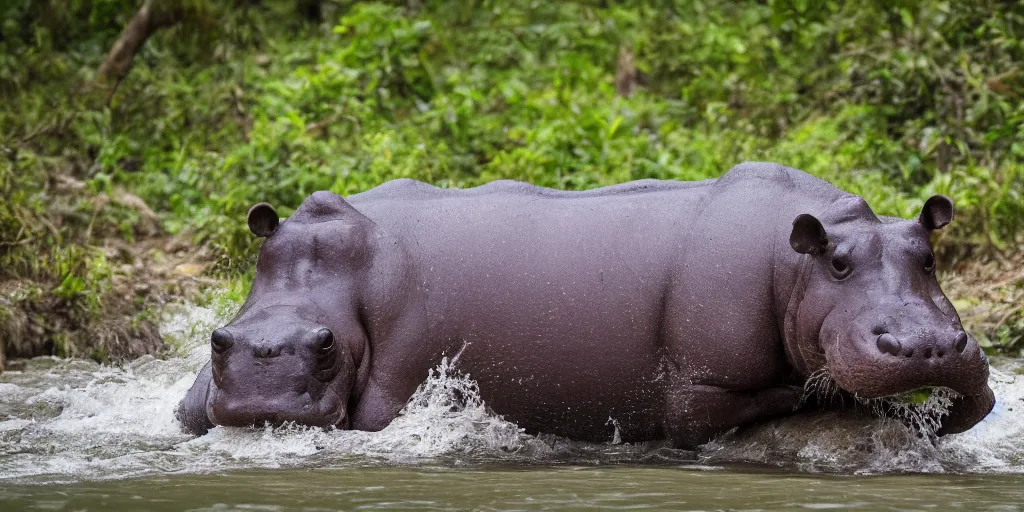 Prompt: nature photographer's photo of a hippo with in a river in the jungle, attacking the photographer. extremely high detail, ominous natural lighting