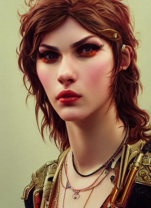 Prompt: close up portrait painting of a female rockstar dressed in 9 0's fashion, ultra realistic, concept art, intricate details, serious, highly detailed, photorealistic, octane render, 8 k, unreal engine. art by artgerm and greg rutkowski and alphonse mucha