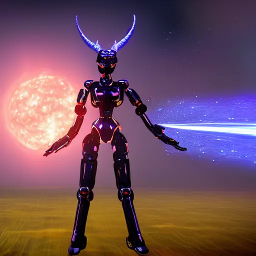 Image similar to the most beautiful cosmic android robot female devil, long glowing horns, huge wispsy wings, devil wings, into the cosmic sun, photo pic by unreal engine