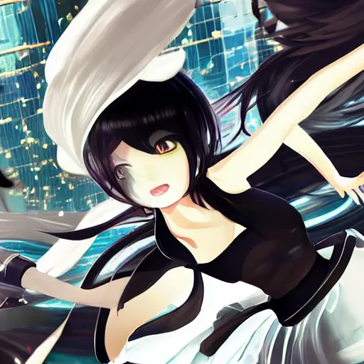 Image similar to luxury advertisement, astonishing artwork of a very beautiful dancing anime schoolgirl with black bob hair in style of cytus and deemo, full perfect face, she is dancing, set in Half-life. Realistic, highly detailed background, Pixiv, 120 degree view, drawn by Sasoura, Satchely and Akihiko Yoshida, no distortion