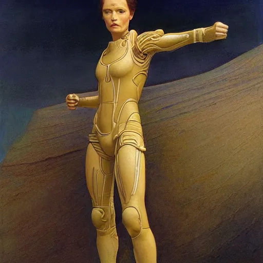 Image similar to masterpiece full body portrait of Ripley with a perfect body, translucent plastic suit, on Dune, by Edgar Maxence and Ross Tran and Michael Whelan and Gustav Klimpt