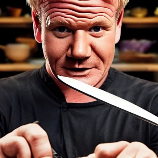 Image similar to gordon ramsey holding knife, famous chef gordon ramsey, angry, holding kitchen knife, butcher knife, phone camera, zoom